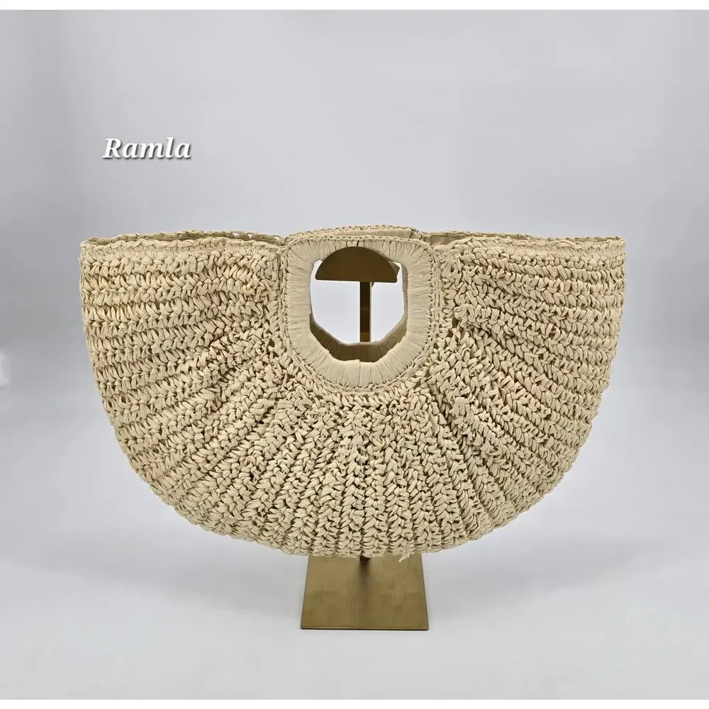 Ramla Woven Raffia Half Moon Crescent Tote Natural Straw Boho‎ Coastal Beach Bag